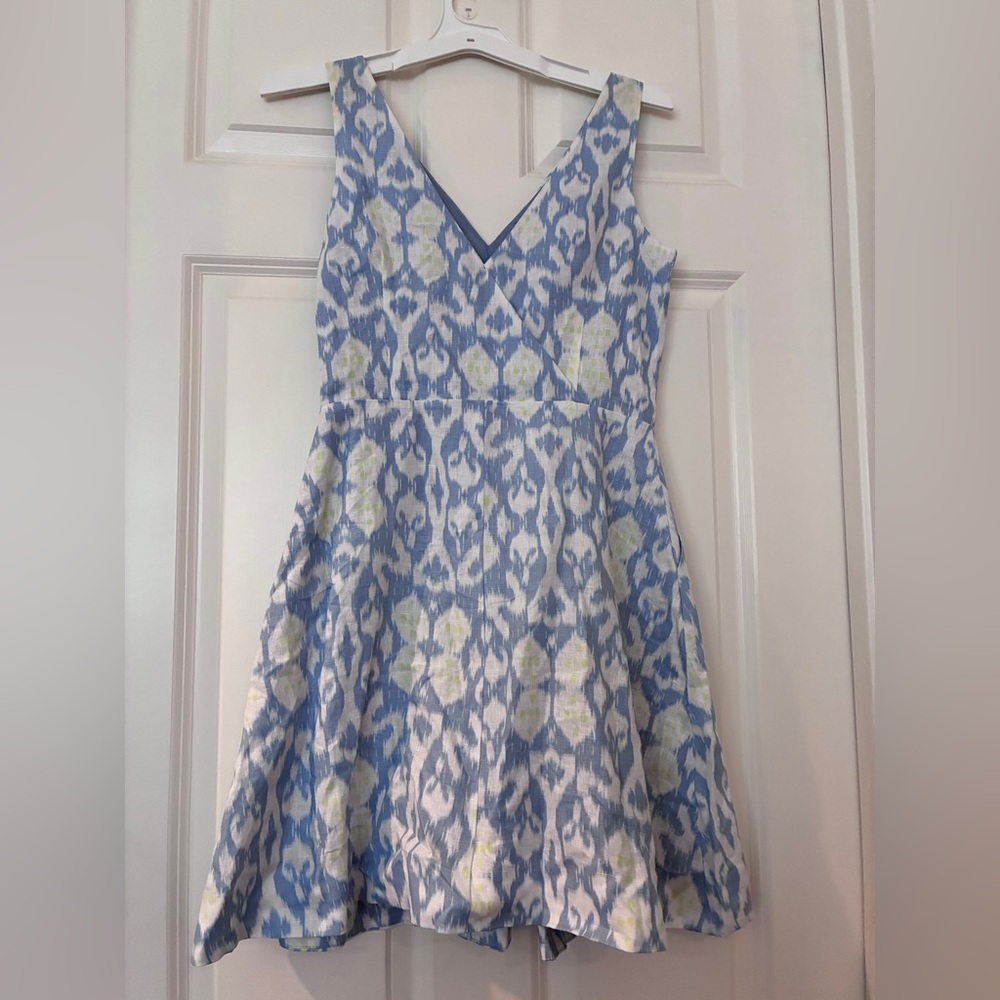 GAP Blue White Linen Sleeveless A line V neck Pleated Dress with pockets - Picture 6 of 8